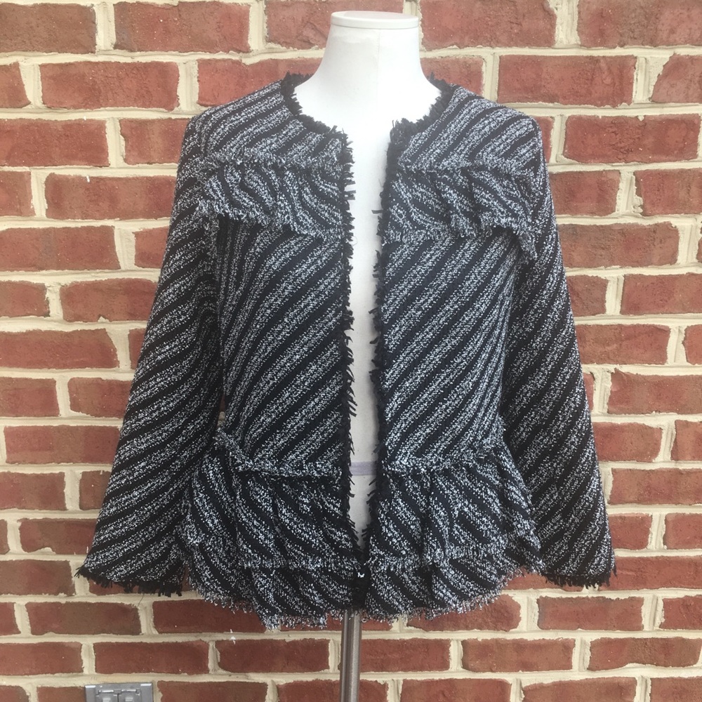 Ann Taylor Black White Ruffle Peplum Open Blazer